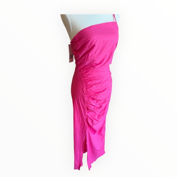 NWT ZARA Pink Linen Asymmetrical One Shoulder Midi Dress Sz M - Picture 5 of 10
